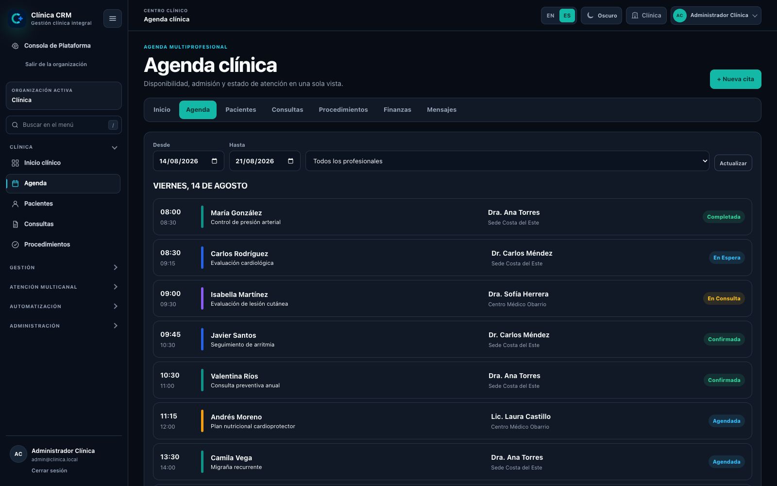 Pantalla del CRM: Agenda clínica